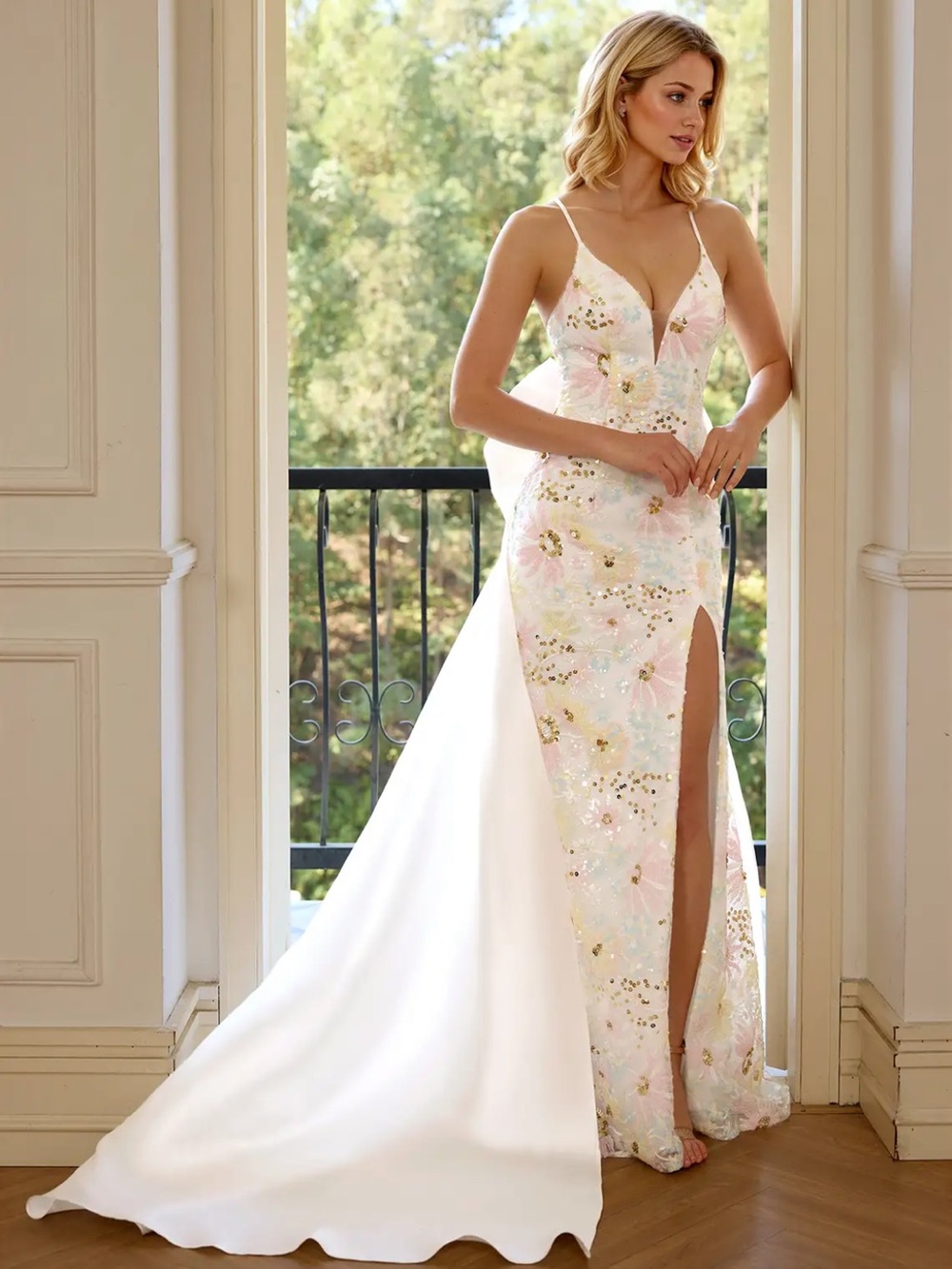 Azazie Floral Sequin Prom Dress White Open-Back Gown with Bow Train